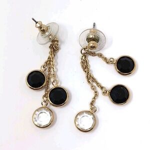 VTG 90s Swarovski Crystal Black Clear Gold Tone Dangle Chandelier Earrings